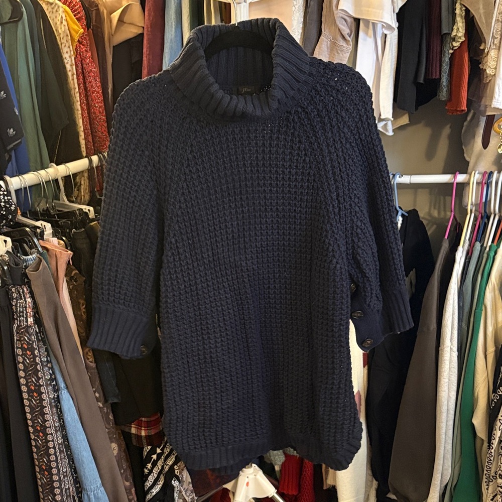 J. Crew Navy Chunky Waffle Turtleneck Sweater with Sleeve Buttons